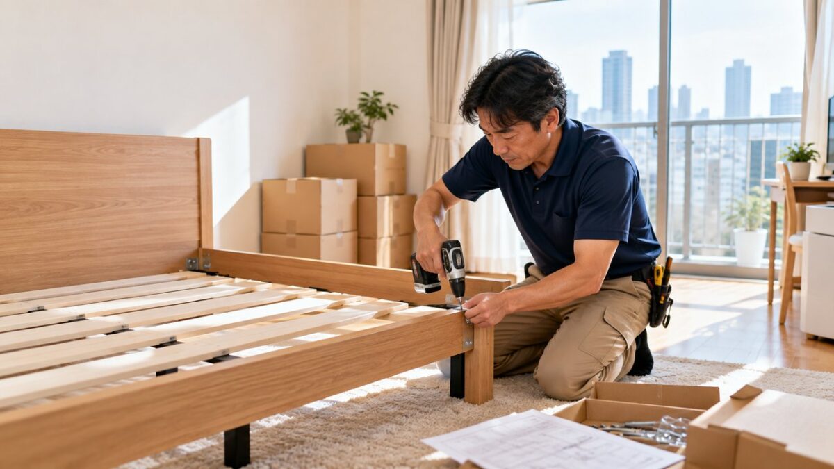 大阪市のワンルームでベッドフレームを組み立てる便利屋スタッフ