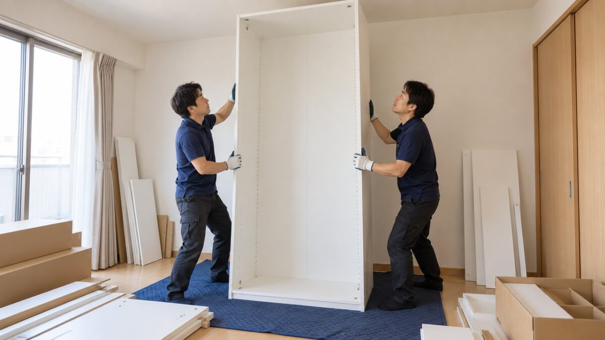 スタッフが大型ワードローブのフレームを起こして組み立てる作業のイメージ