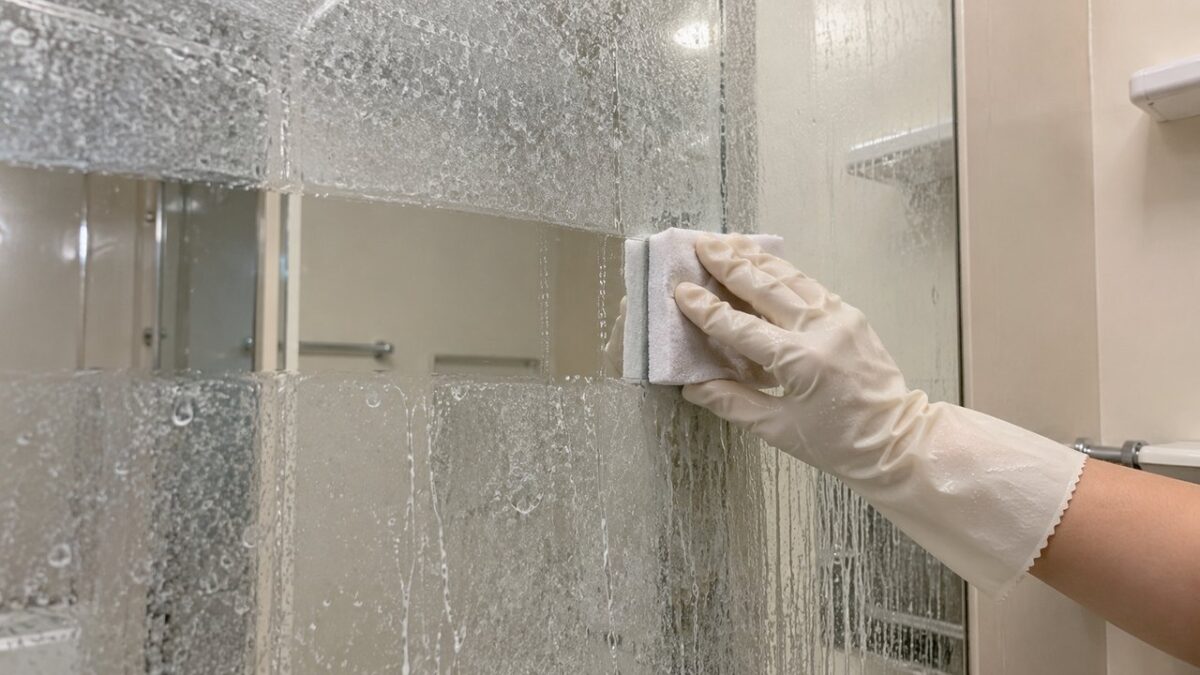 濡らした水垢用の研磨パッドで浴室の鏡を一定方向に優しく磨くイメージ